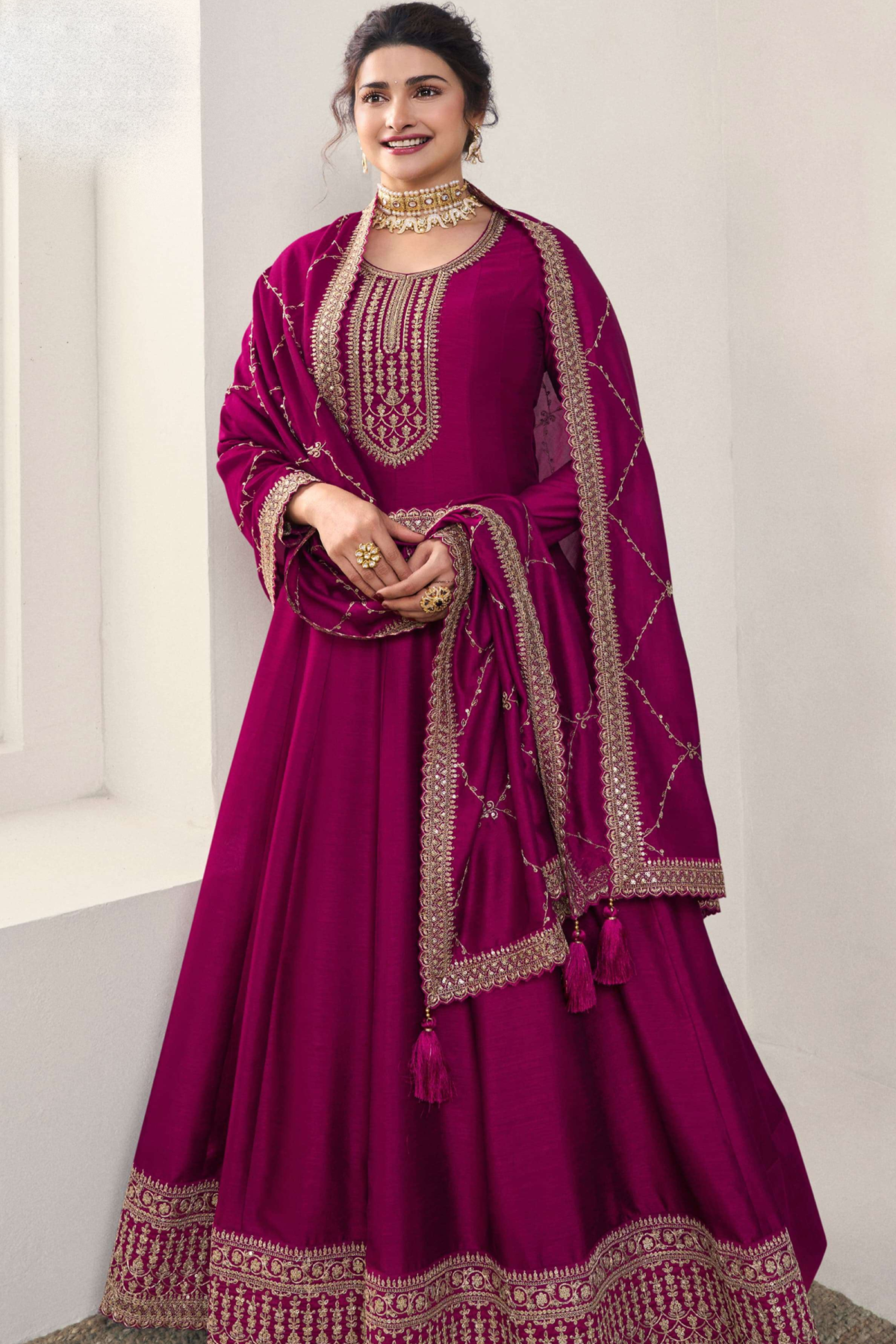 Wine Anarkali Gown Reception Party Wear Dupatta Suit