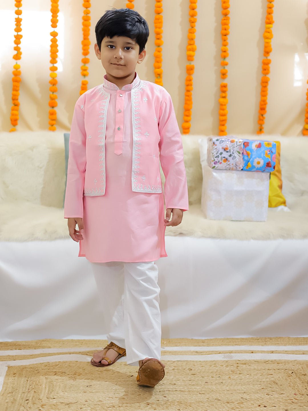 Fast Wear Pure Chanderi Embroidered Attached Jacket Kurta Pajama for Boys