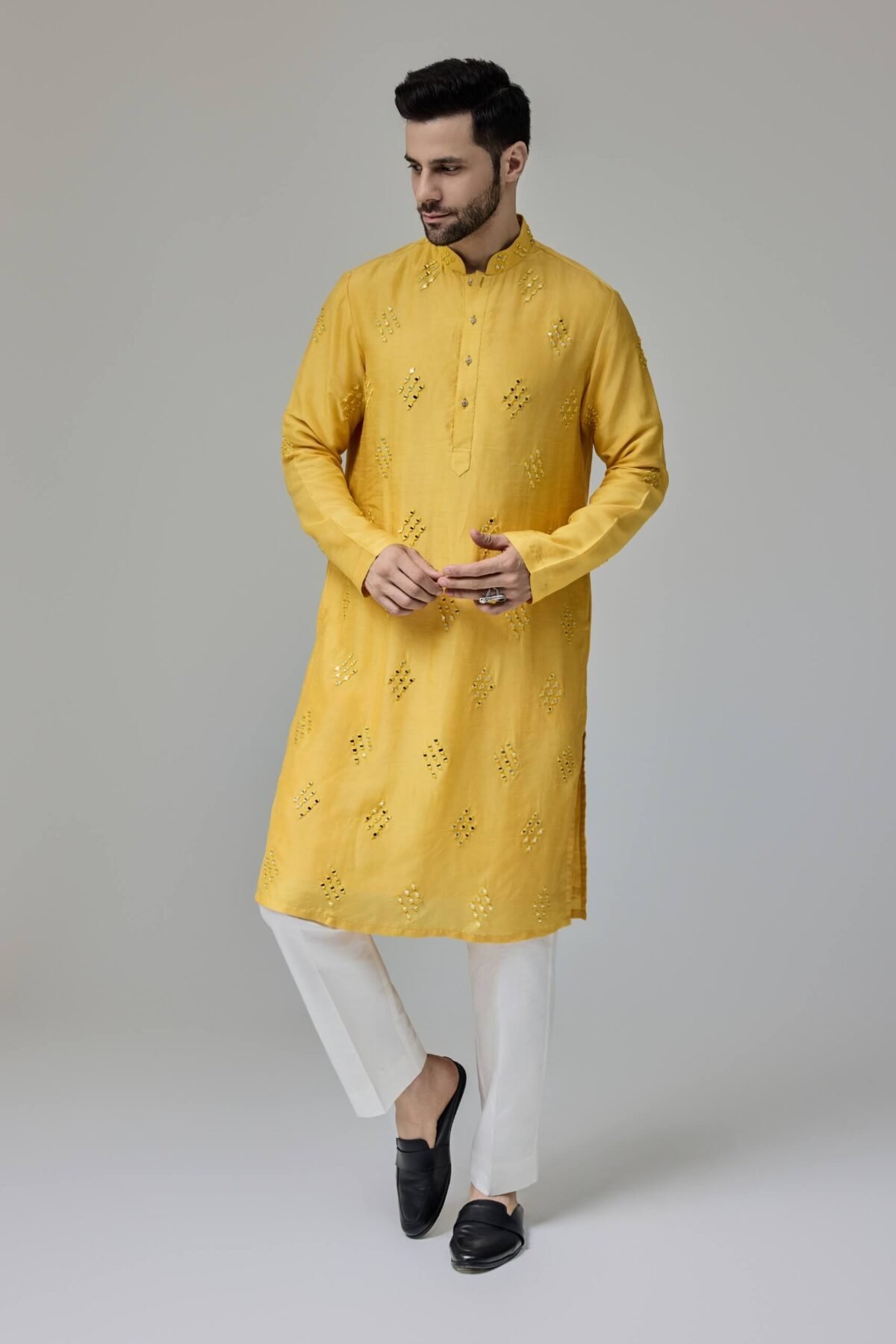 Yellow mirror work kurta and pants