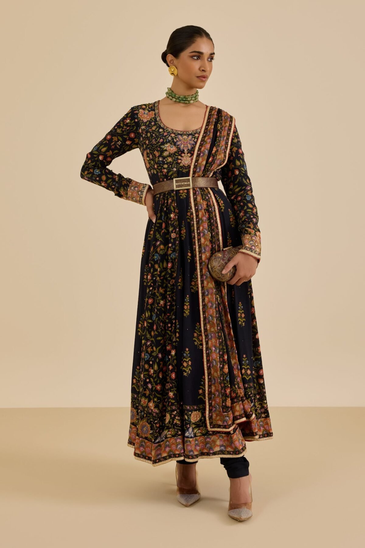Black and multi pintado anarkali set