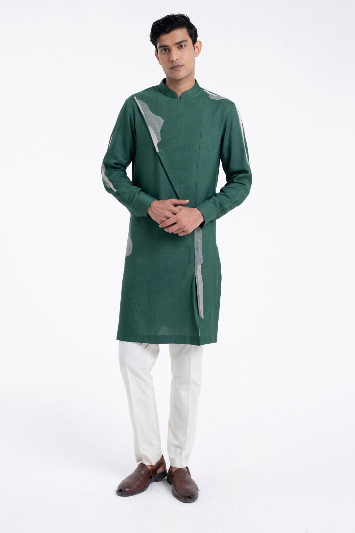 Forest green embroidered cotton silk kurta set