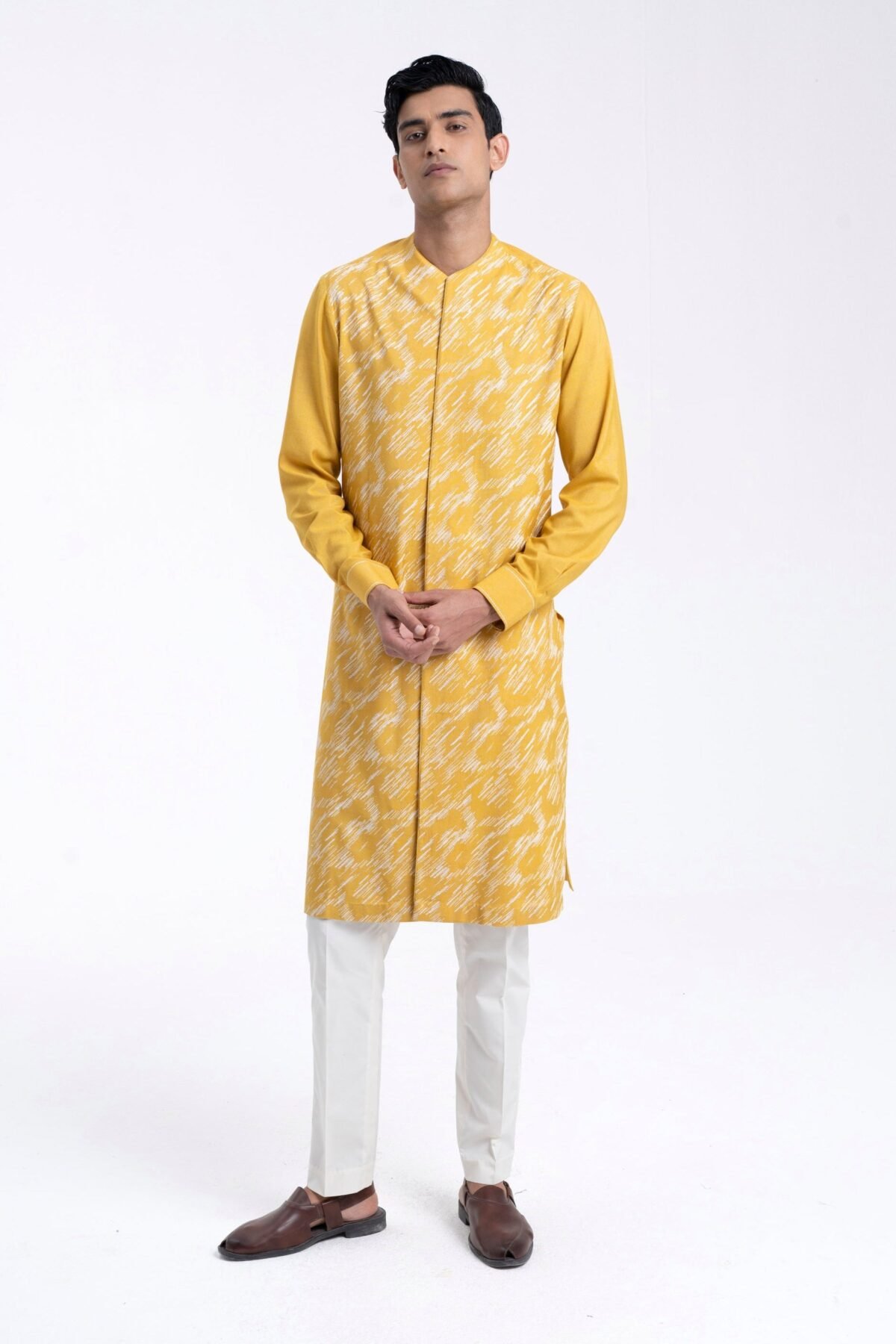 Marigold front open high neck embroidered kurta set