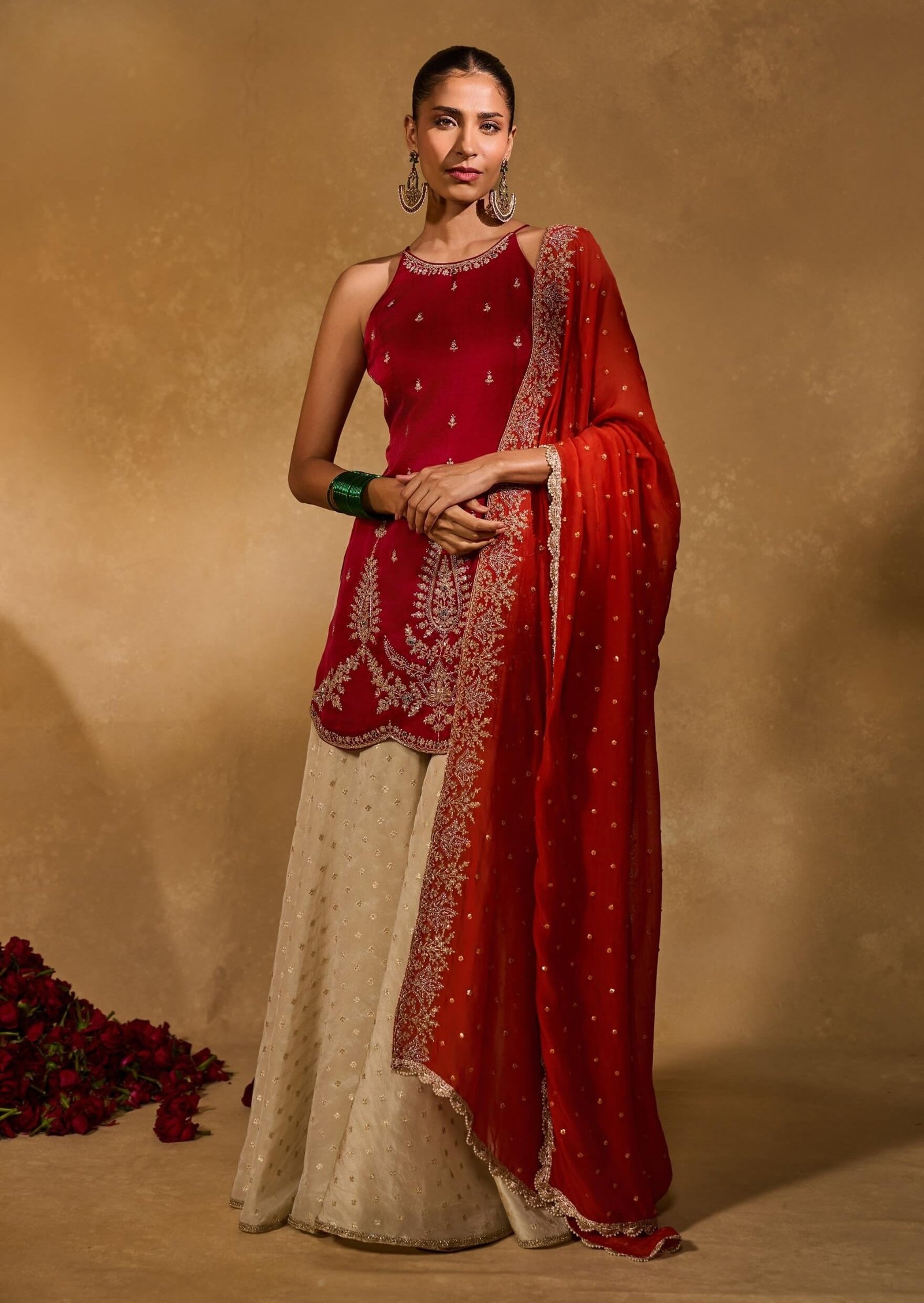 Ambi red orange kurta and flared pant set