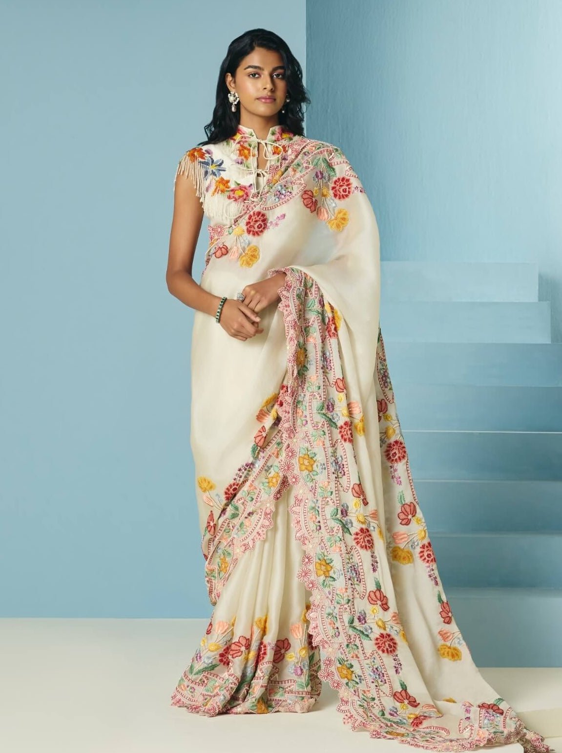 Ivory beadwork sari with unstitched blouse
