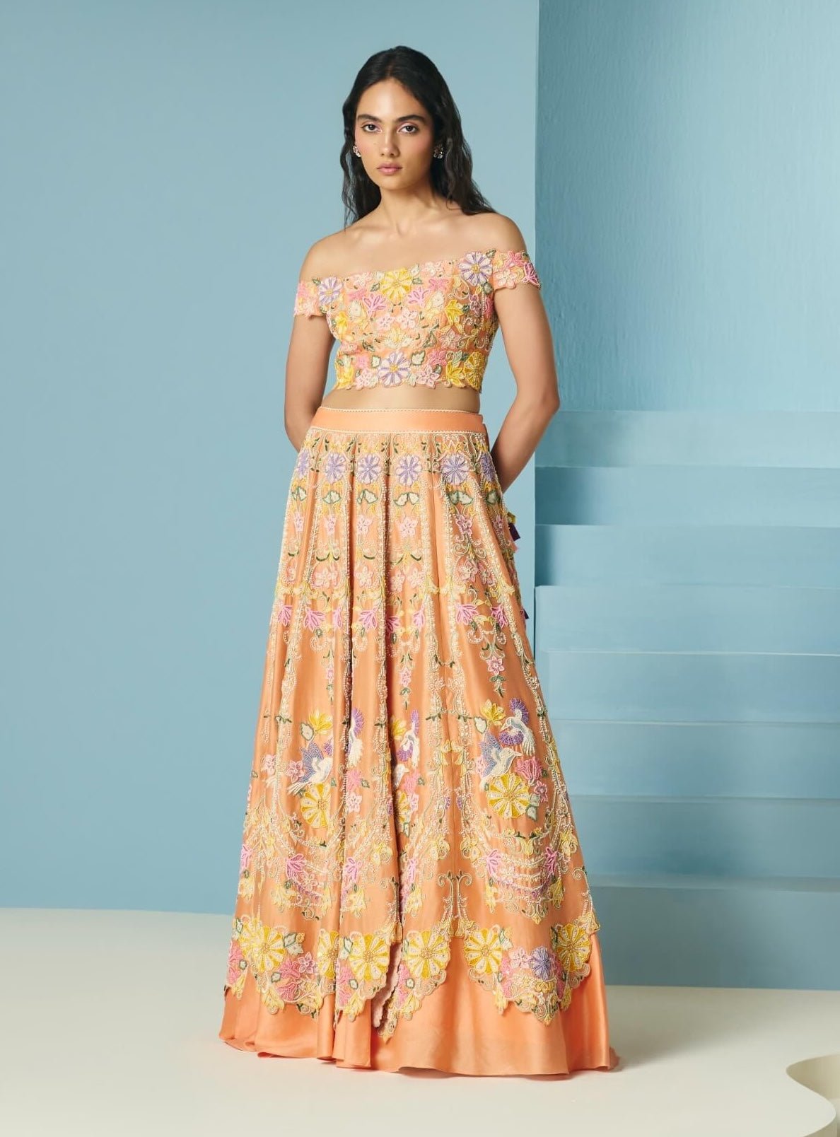 Orange contrast cordwork lehenga and bustier