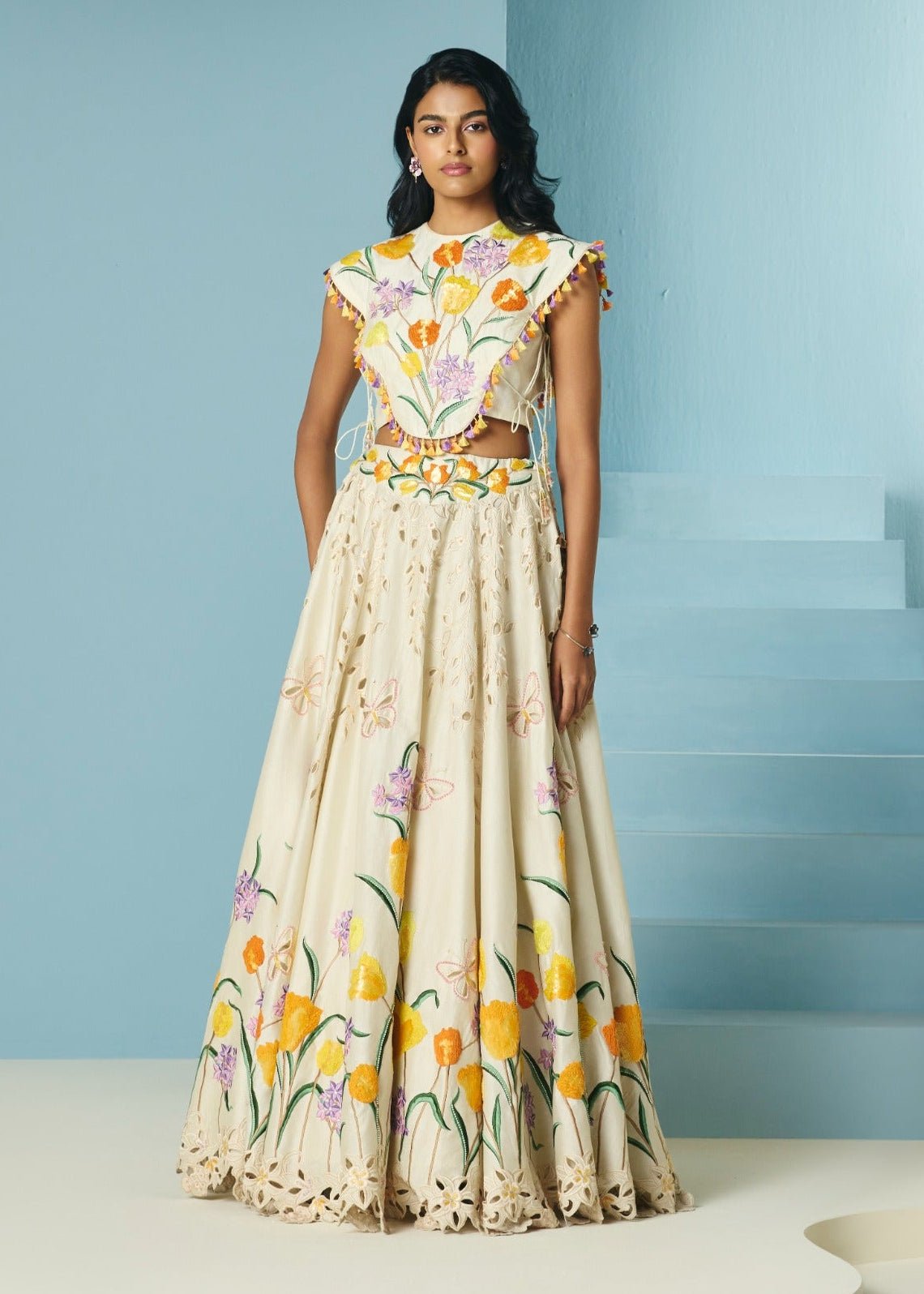 Ivory tulip lehenga and cape top