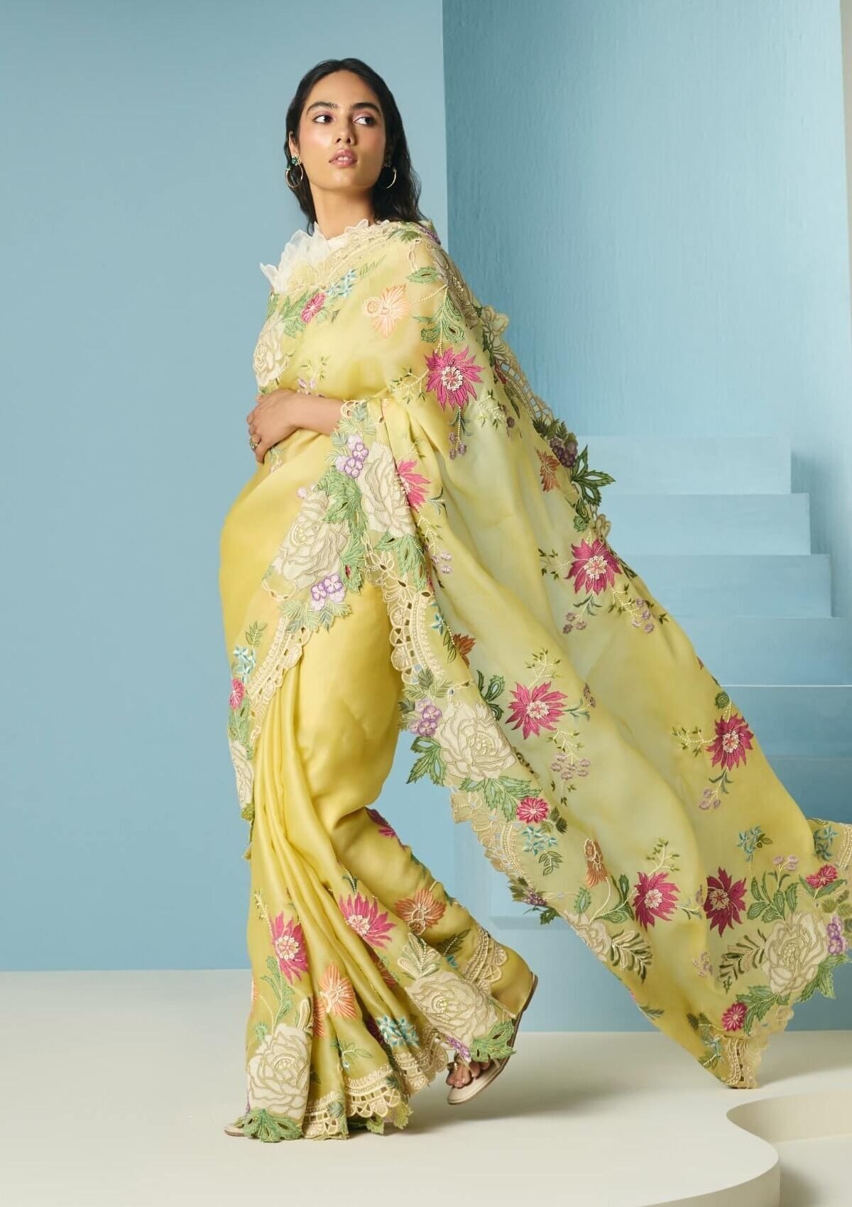 Butter yellow floral sari and unstitched blouse