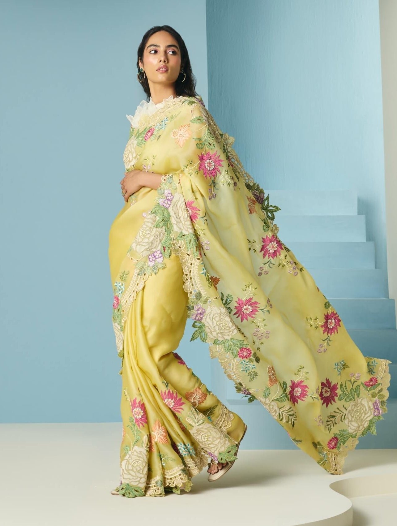 Butter yellow floral sari and unstitched blouse