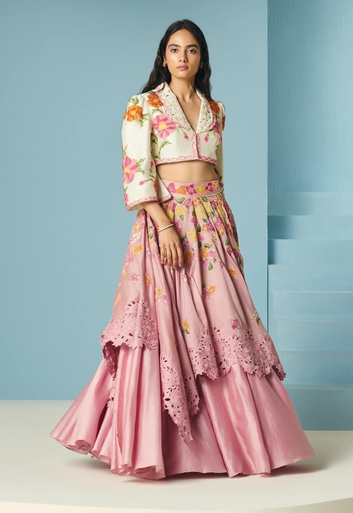Blush bougainvillea layered lehenga with bolero