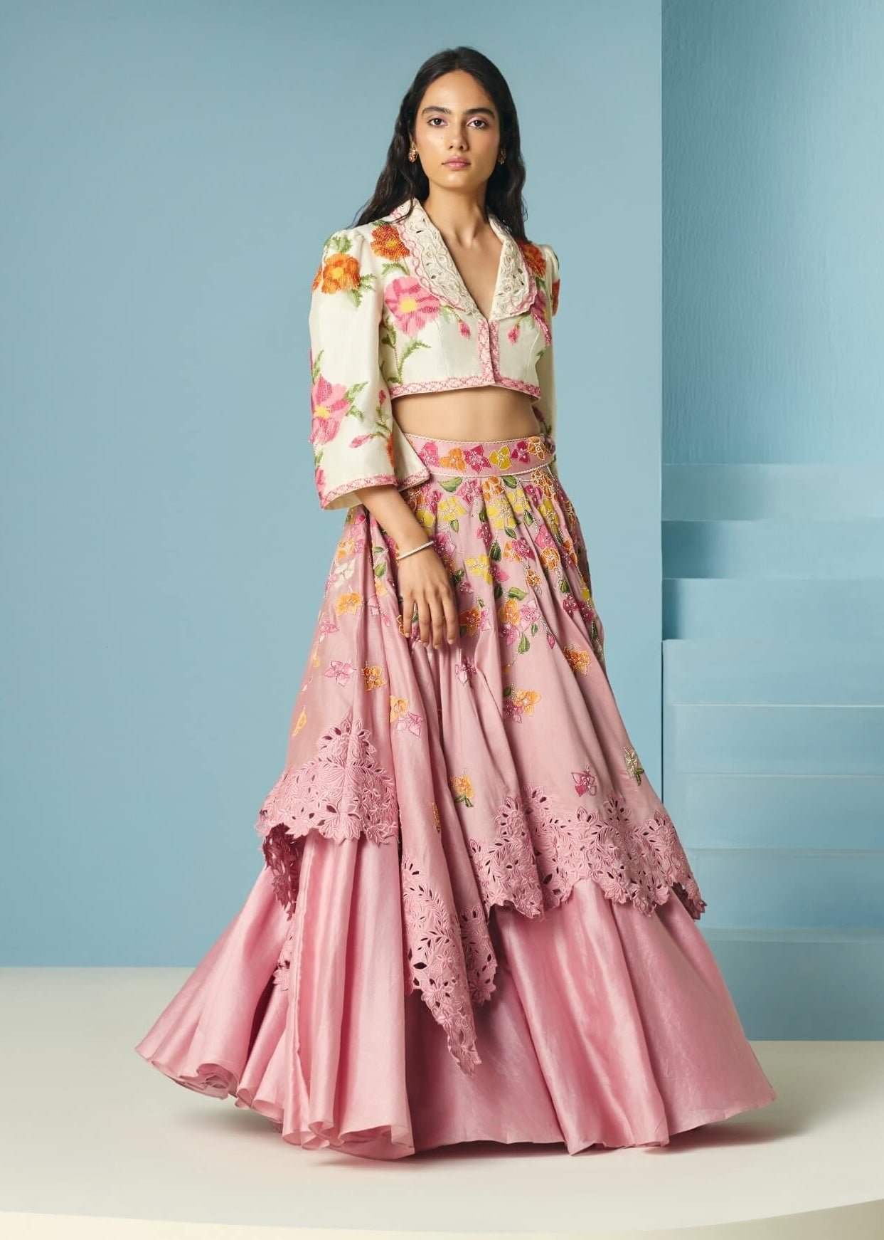 Blush bougainvillea layered lehenga with bolero