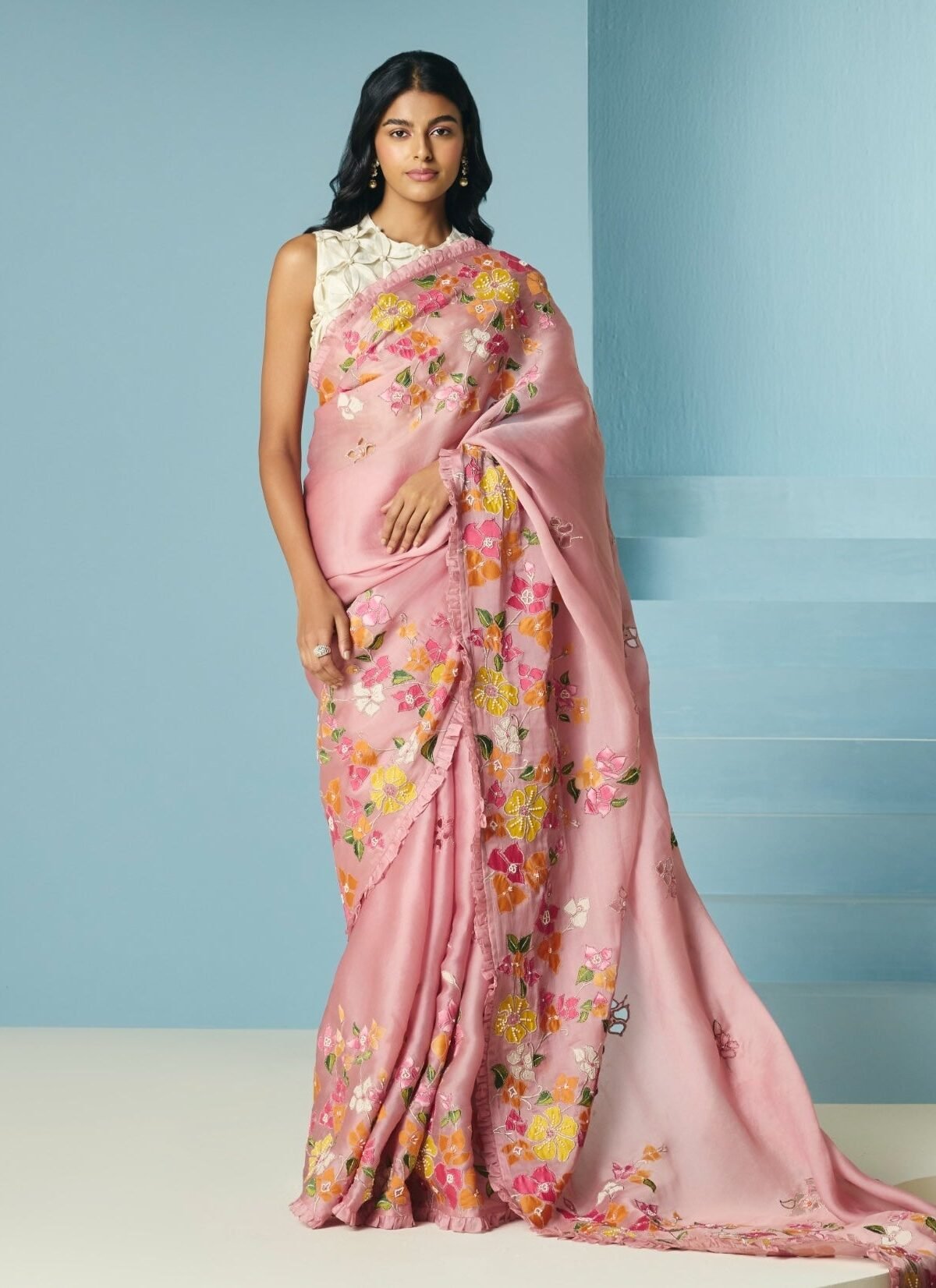 Blush bougainvillea sari and unstitched blouse