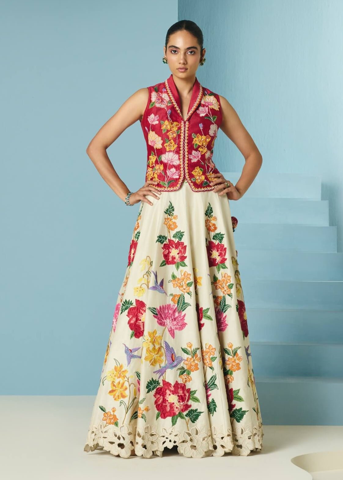 Ivory floral applique lehenga and waistcoat