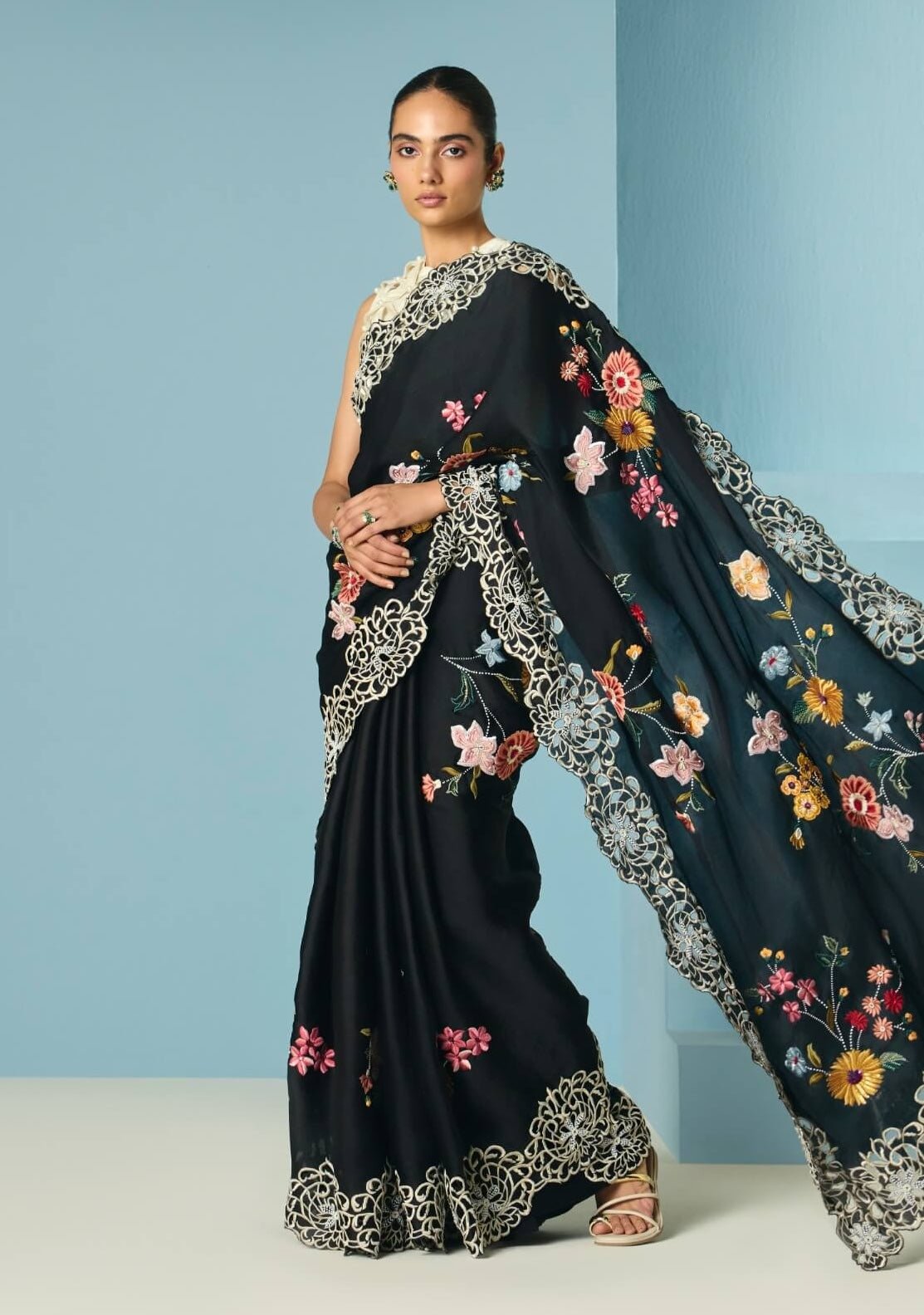 Black floral foliage sari and unstitched blouse