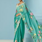 Aqua bloom sari with unstitched blouse