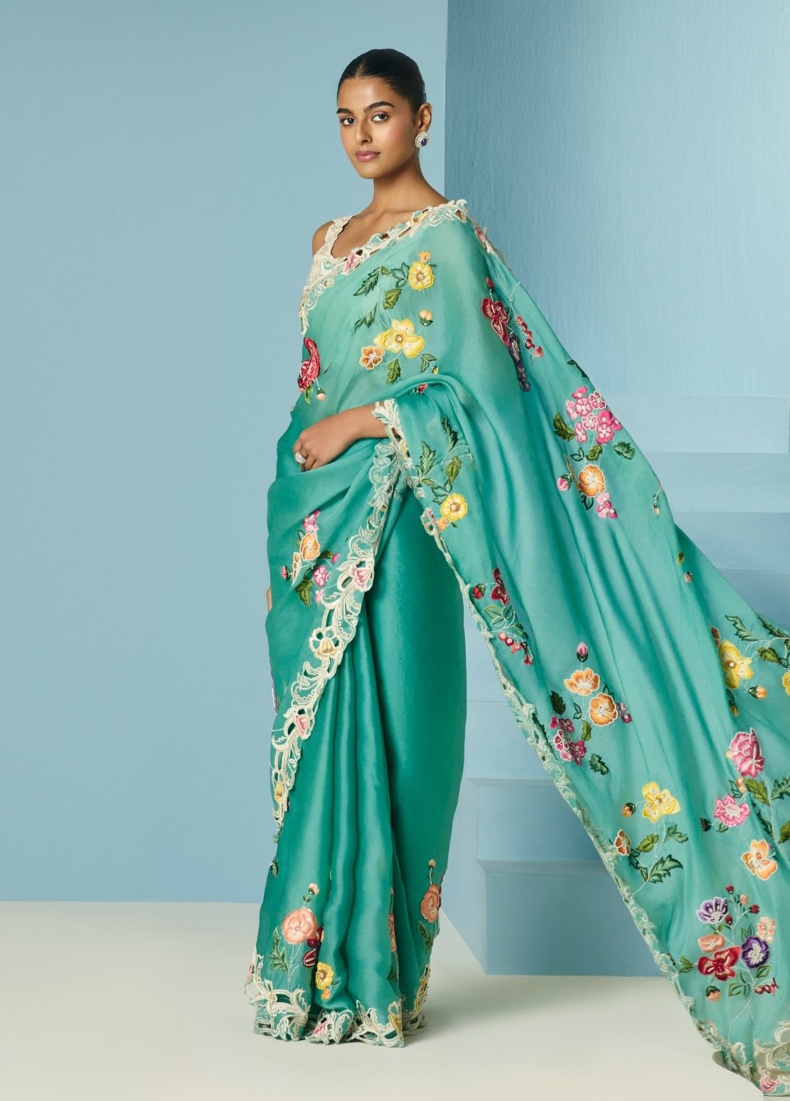 Aqua bloom sari with unstitched blouse