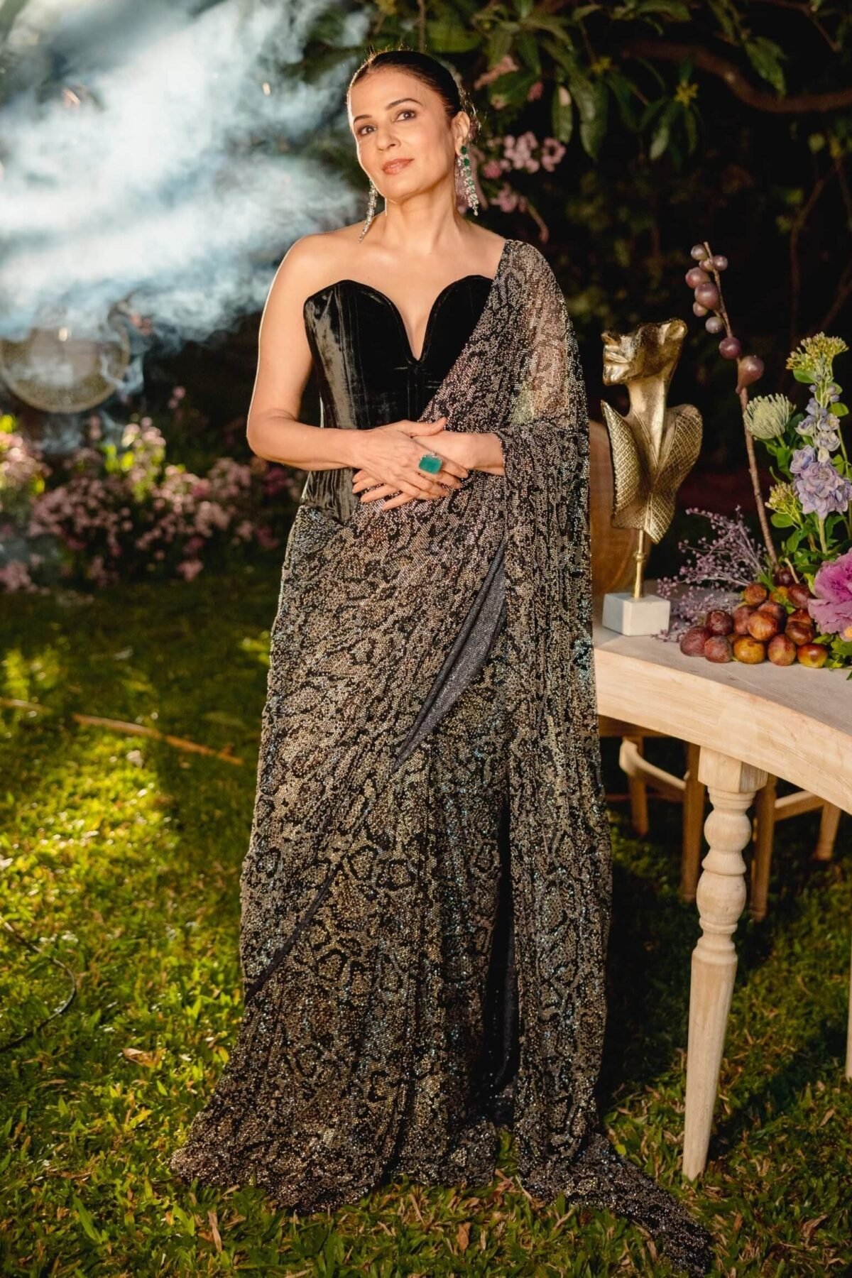 Midnight frost silver black drape sari and corset