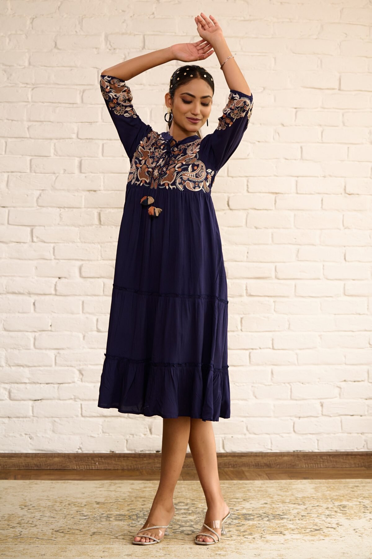 Navy Blue Cotton Midi Dress