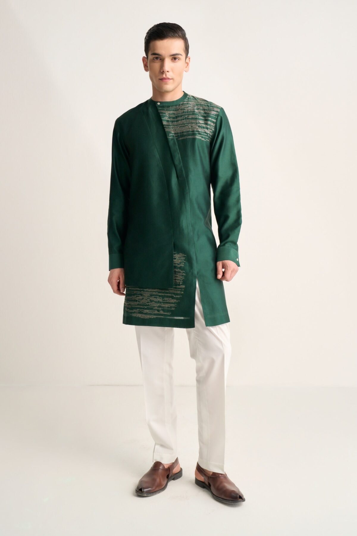 Bottle green zari embroidered layered kurta set