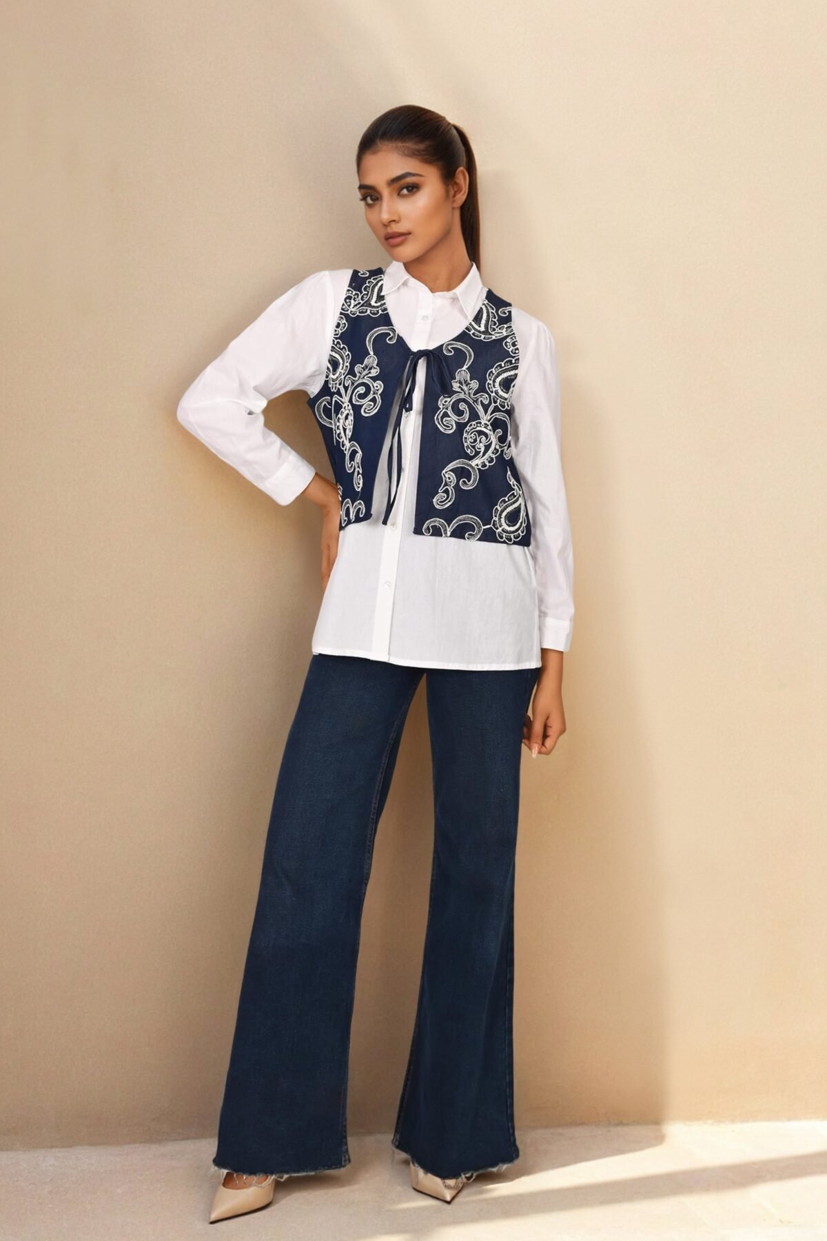 White & Blue Embroidered Denim Shirt with Collar Neck
