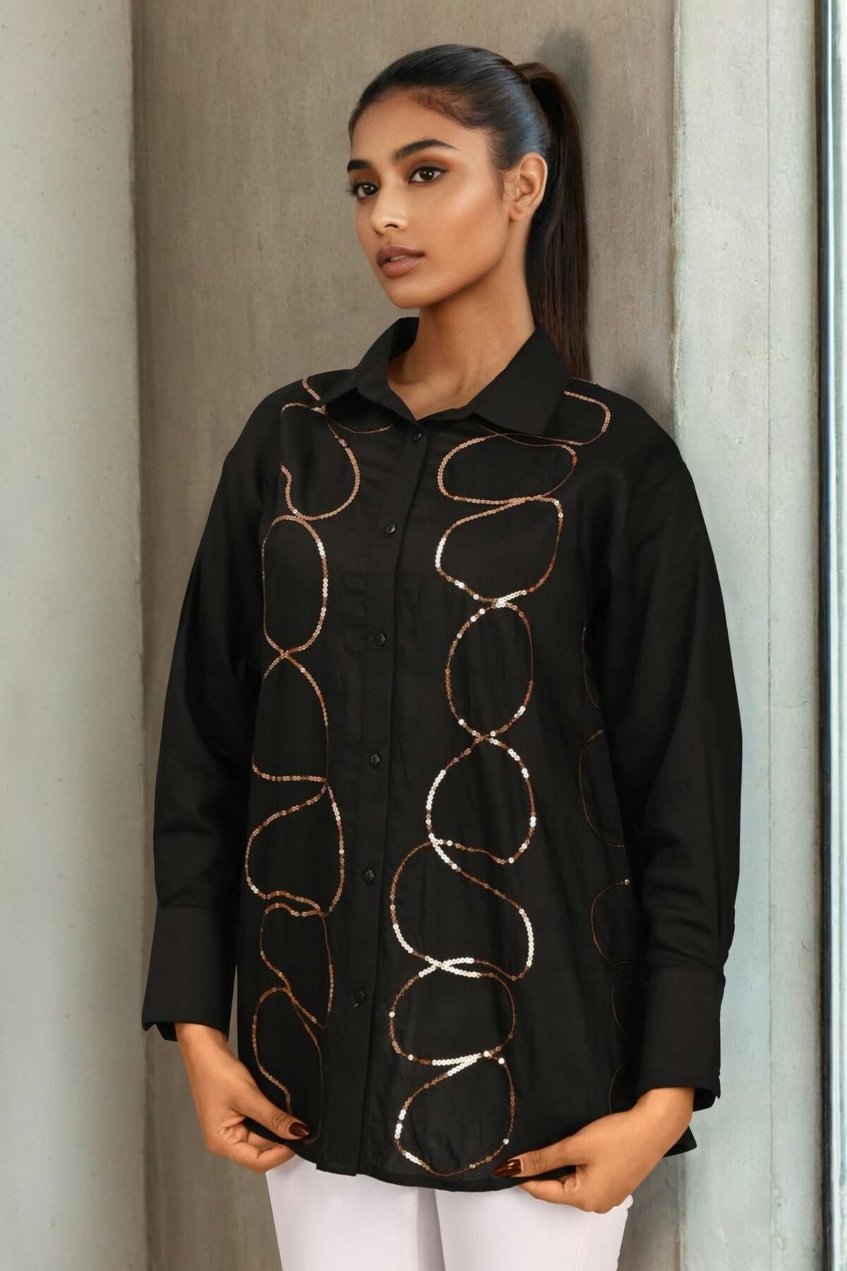 Women?s Black Embroidered Viscose Crop Shirt
