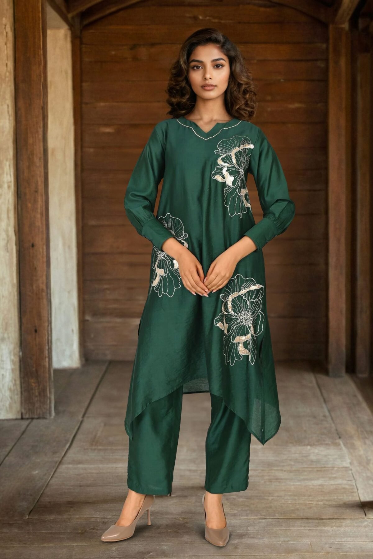 Designer Green Viscose Embroidered Co-Ord Set