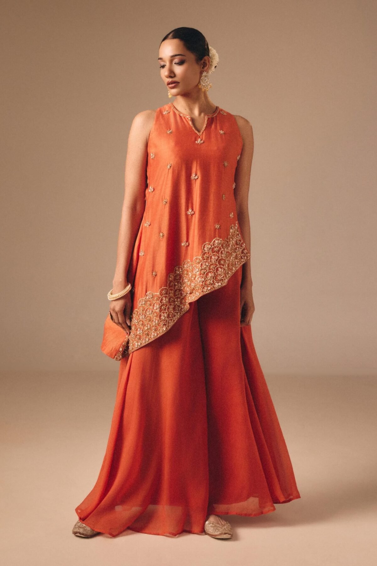 Burnt orange embellished kalidaar and sharara