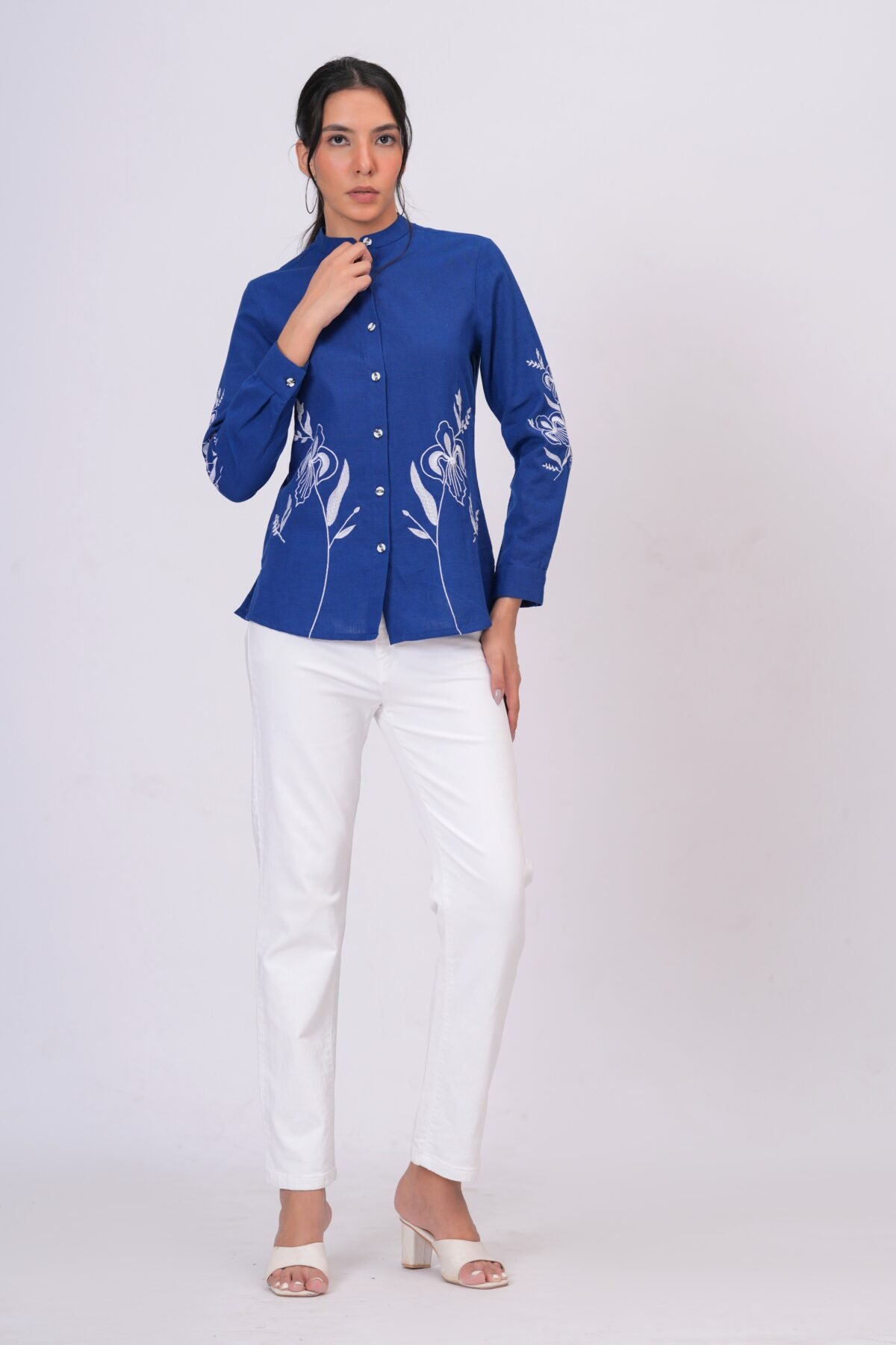 Sapphire Blue Floral Embroidered Button-Down Shirt