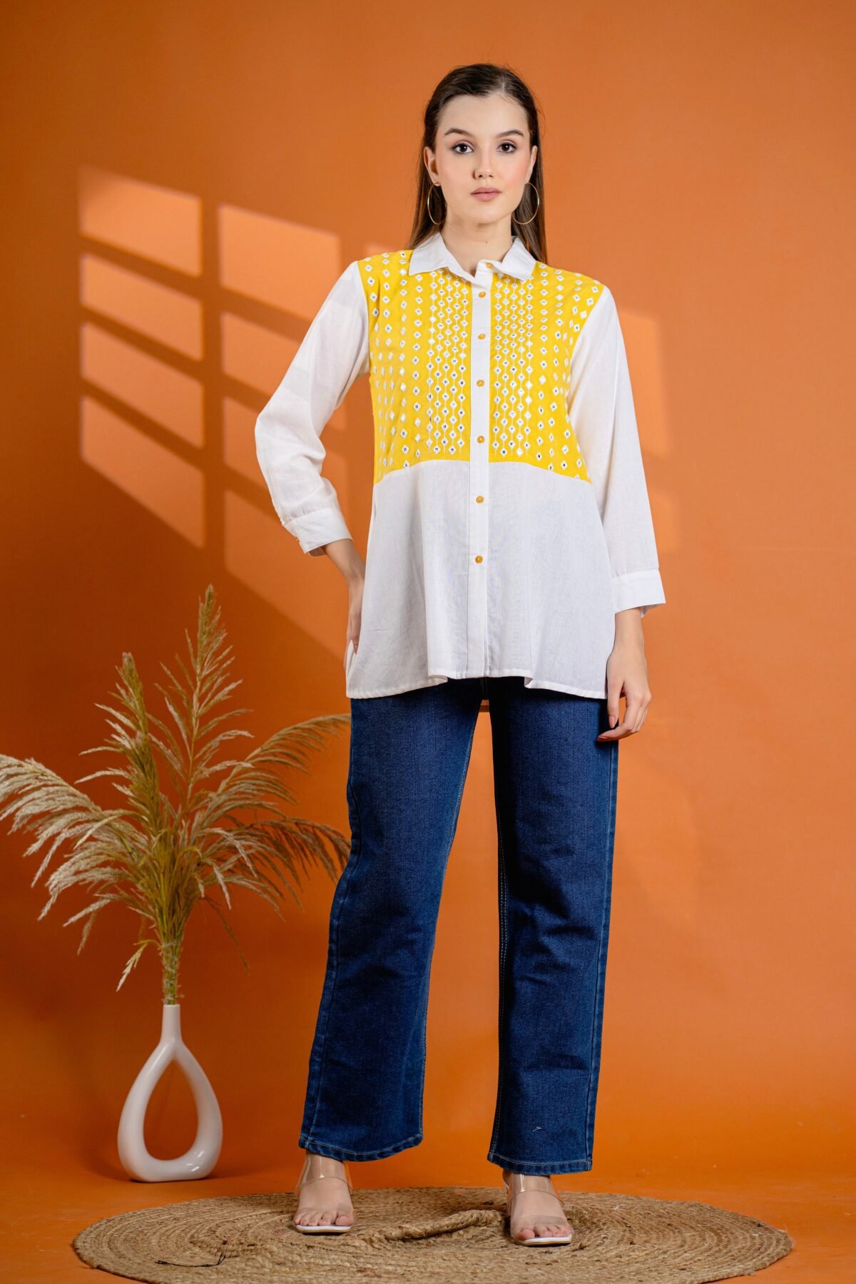 Elegant Mustard & White Cotton Embroidered Shirt