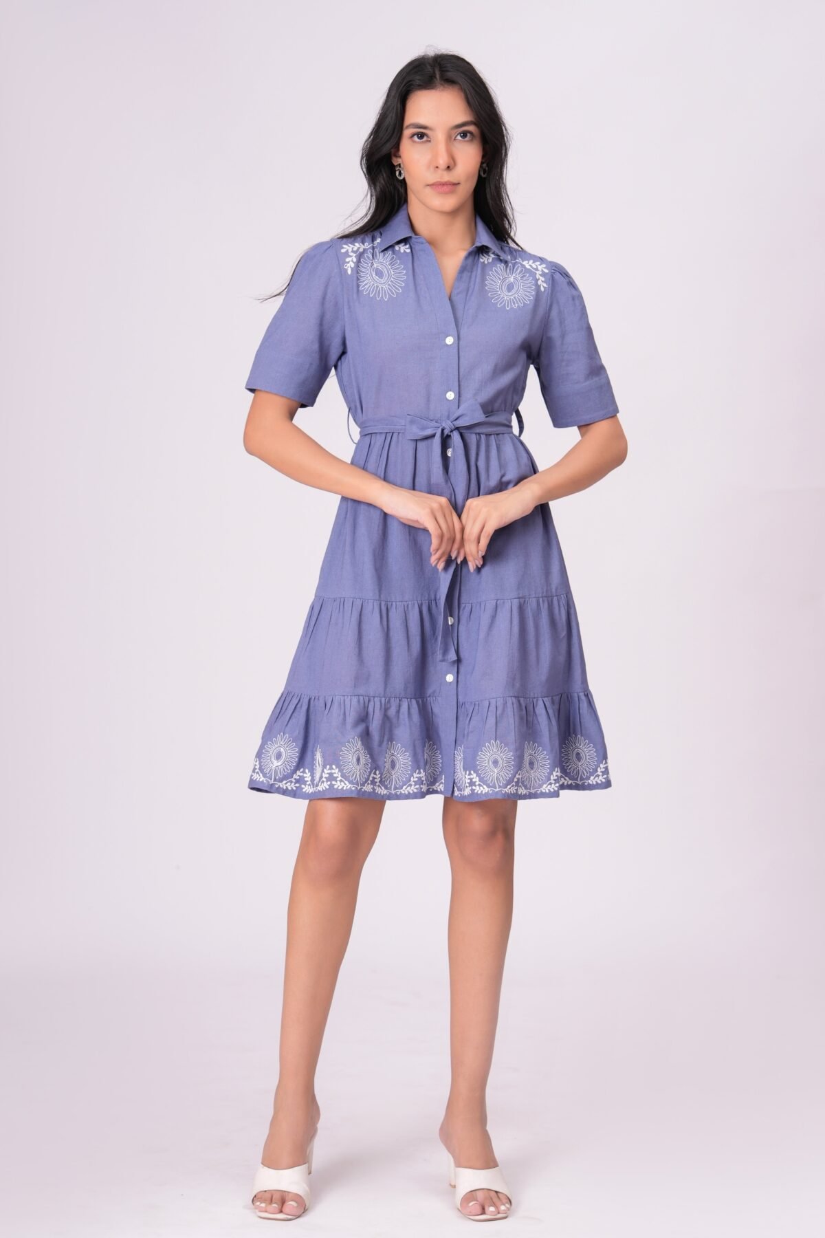 Classic Blue Button-Down Embroidered Fit & Flare Dress with Waist Tie