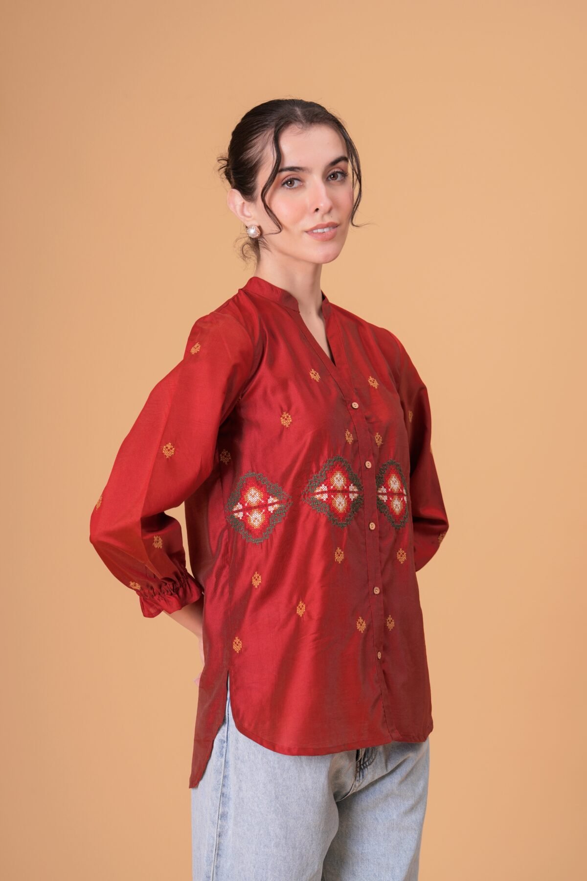 Rust Red Silk-Blend Tunic with Geometric Yoke Embroidery