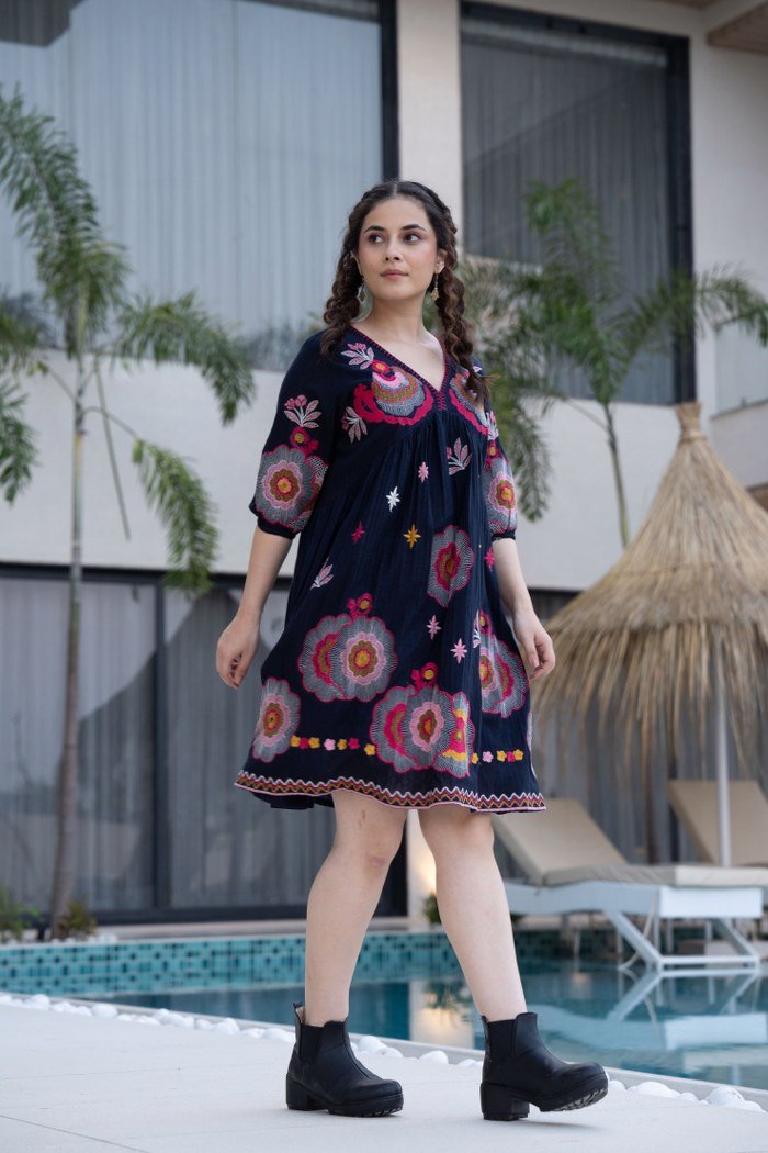 Black Cotton Midi Dress with Embroidered Bodice & Elbow-Length Sleeves