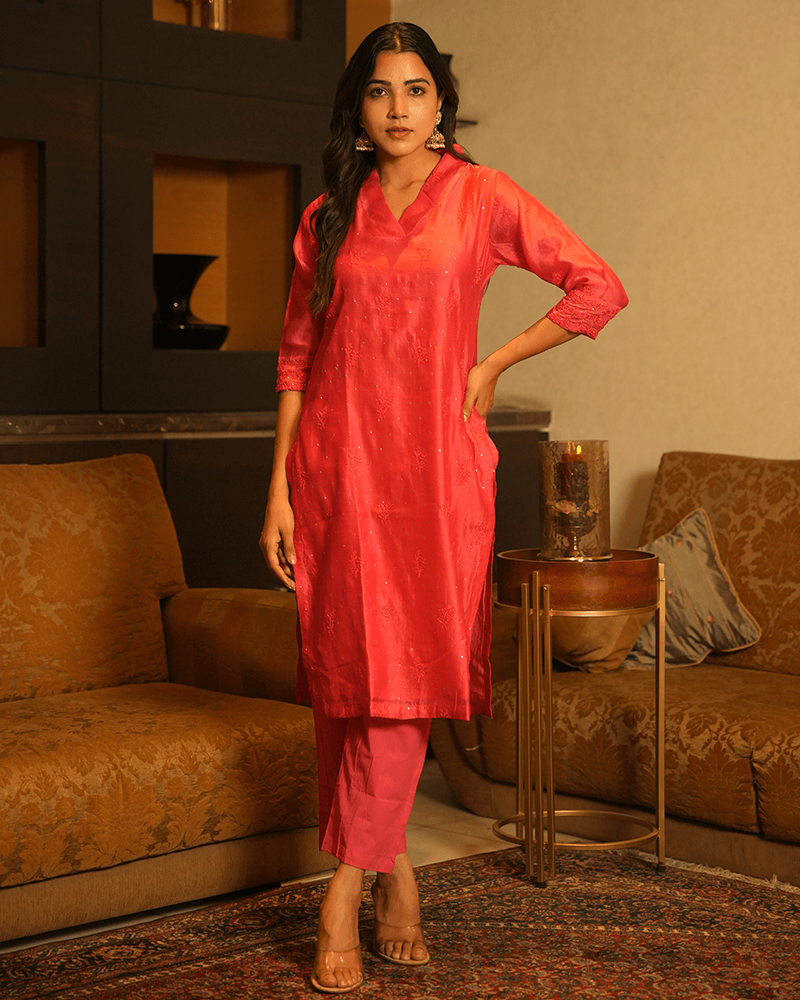 Red Festive Kurta Set With Embroidery