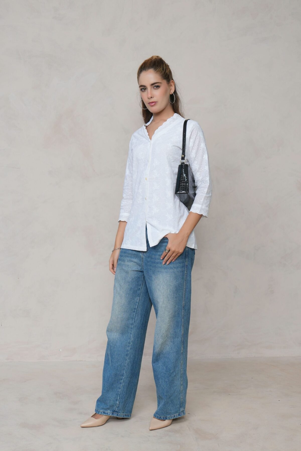 Women?s White Cotton Embroidered Shirt