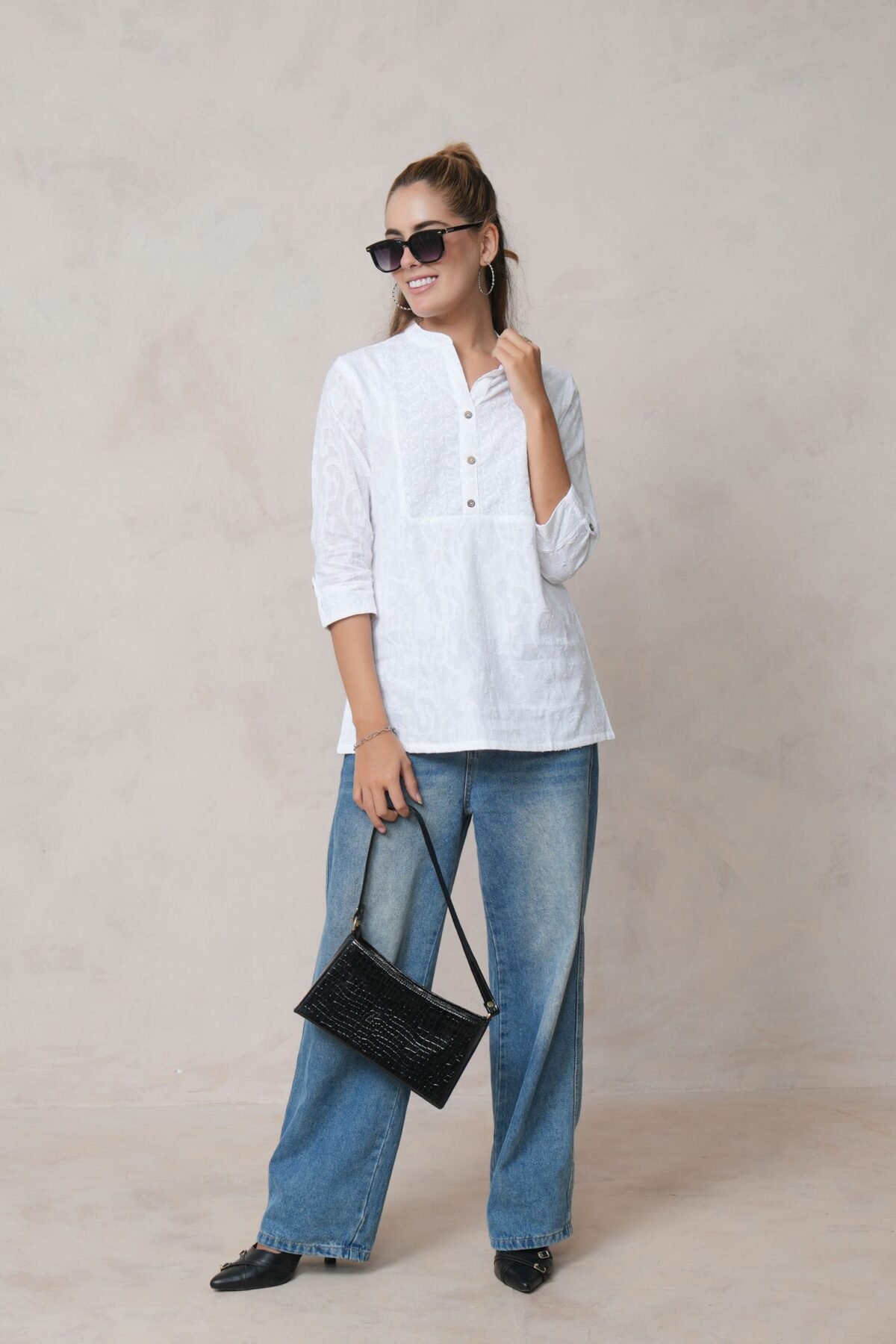 Women?s White Cotton Embroidered Shirt with Closed Neck and Half Sleeves