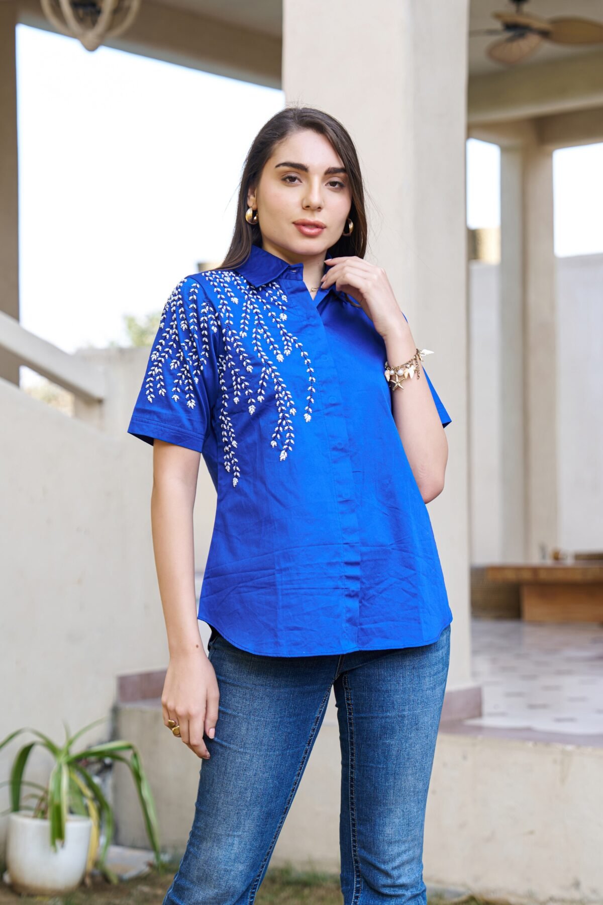 Elegant Blue Embellished Short Sleeve Cotton Top