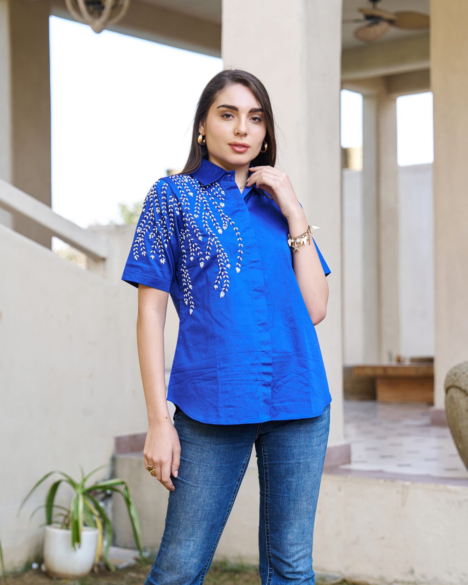 Elegant Blue Embellished Short Sleeve Cotton Top