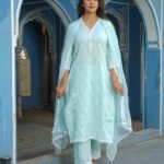 Powder Blue Cotton Suit Set With Embroidery