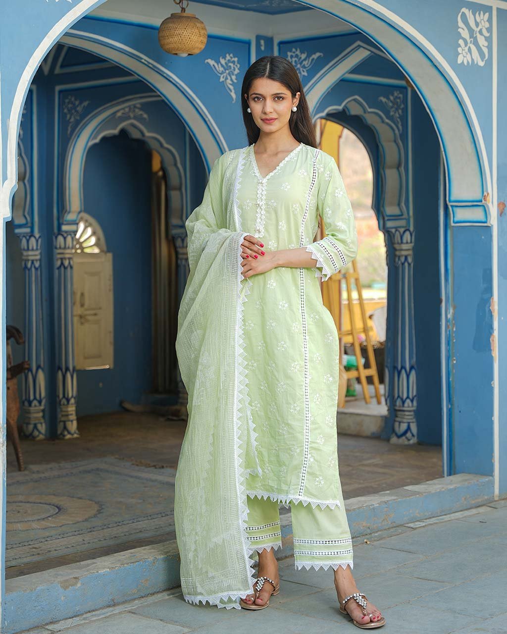 Pea Green Cotton Suit Set With Embroidery