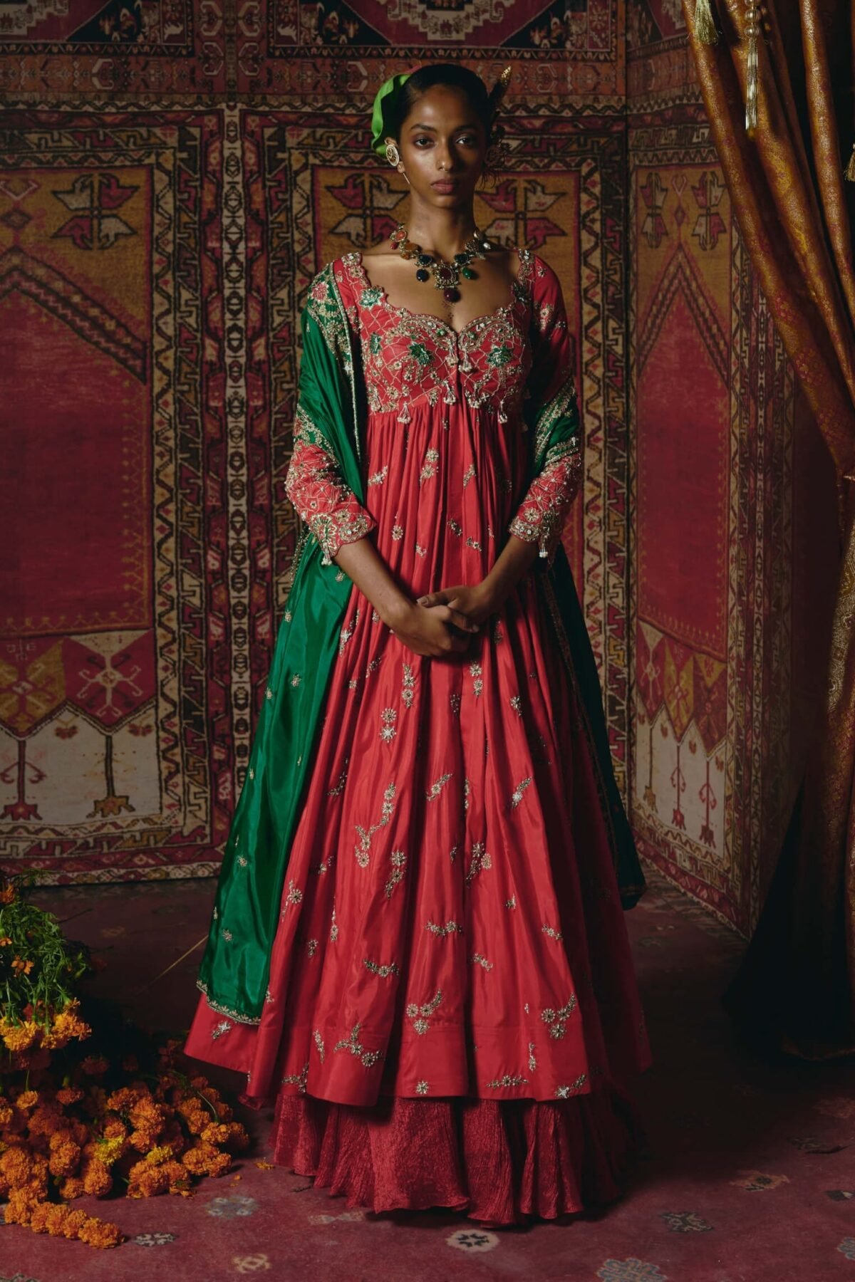 Red open jacket anarkali set