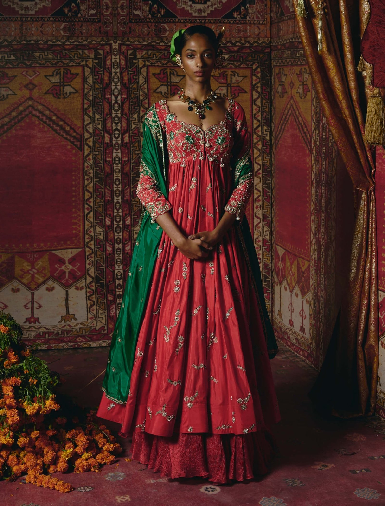 Red open jacket anarkali set