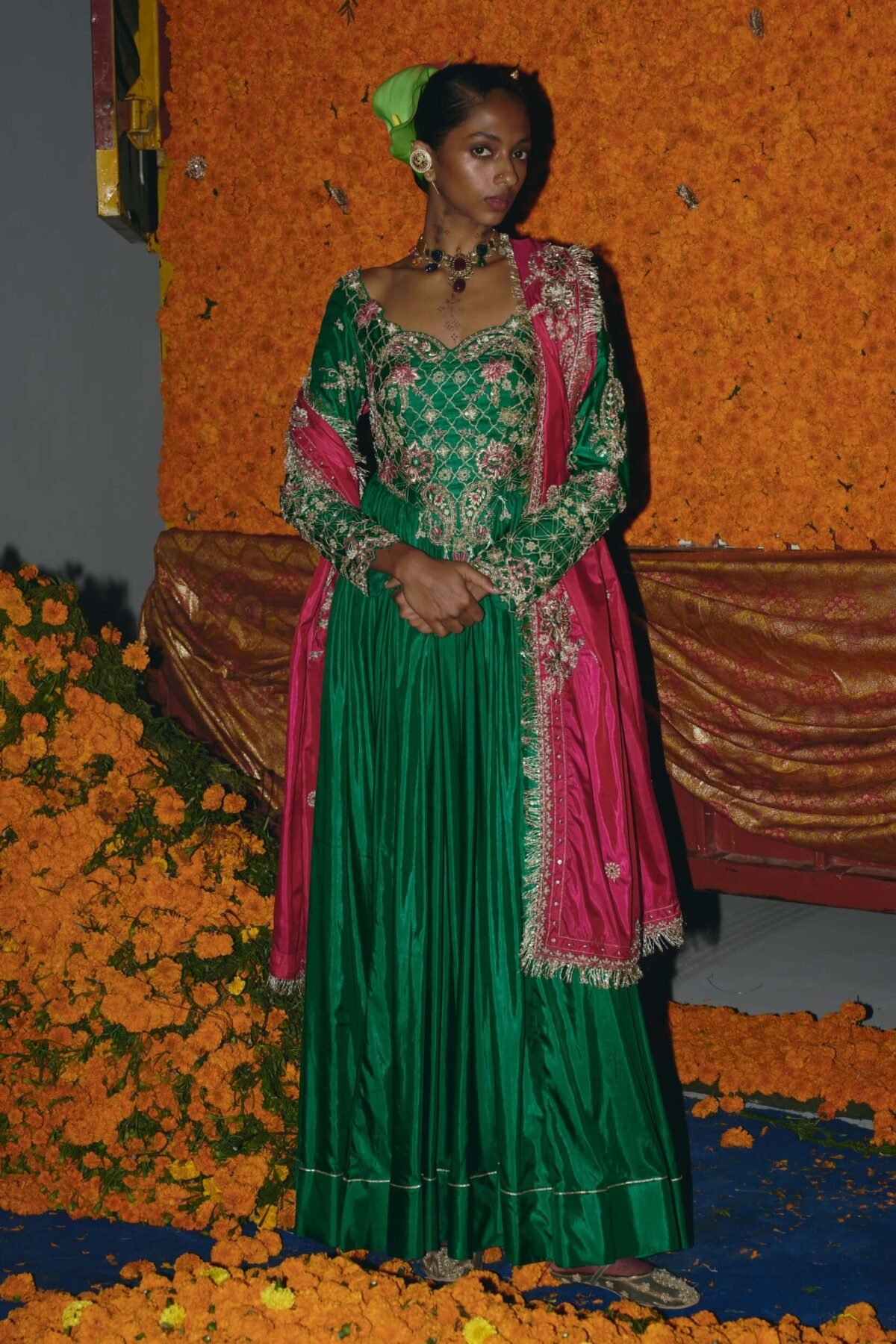 Green soft silk anarkali set
