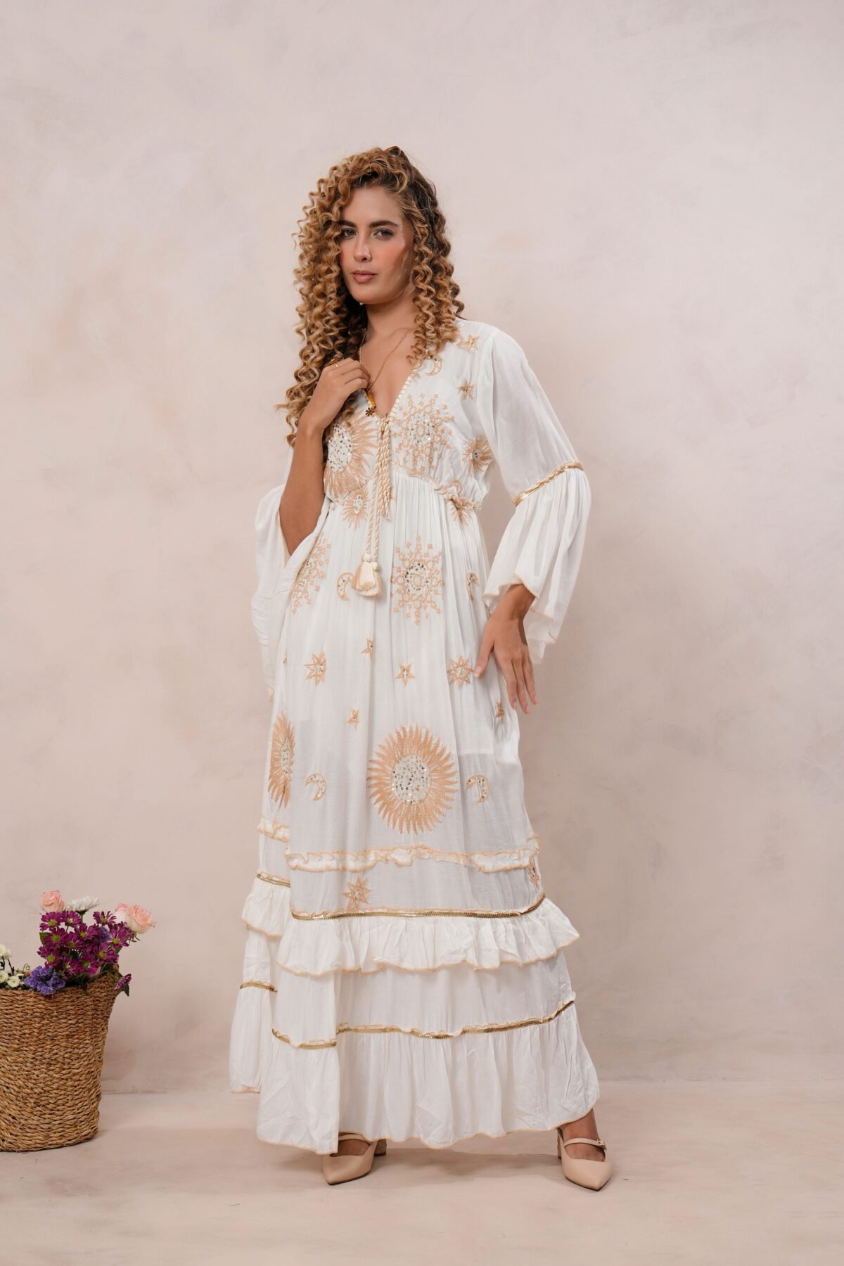 Women?s Off White Viscose Embroidered Maxi Dress