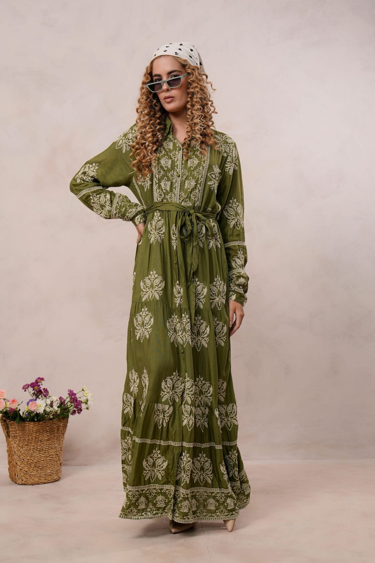 Women?s Olive Green Viscose Embroidered Maxi Dress