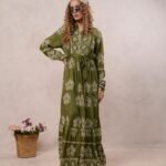 Women?s Olive Green Viscose Embroidered Maxi Dress