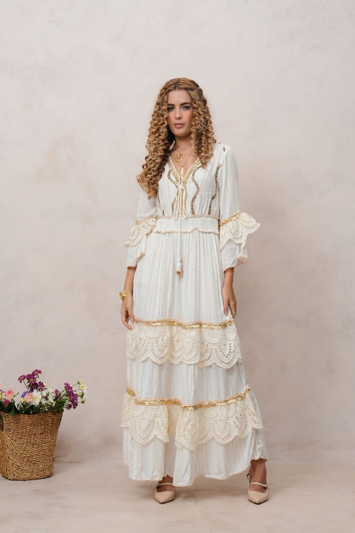 Women?s Off White Viscose Embroidered Maxi Dress with V-Neck
