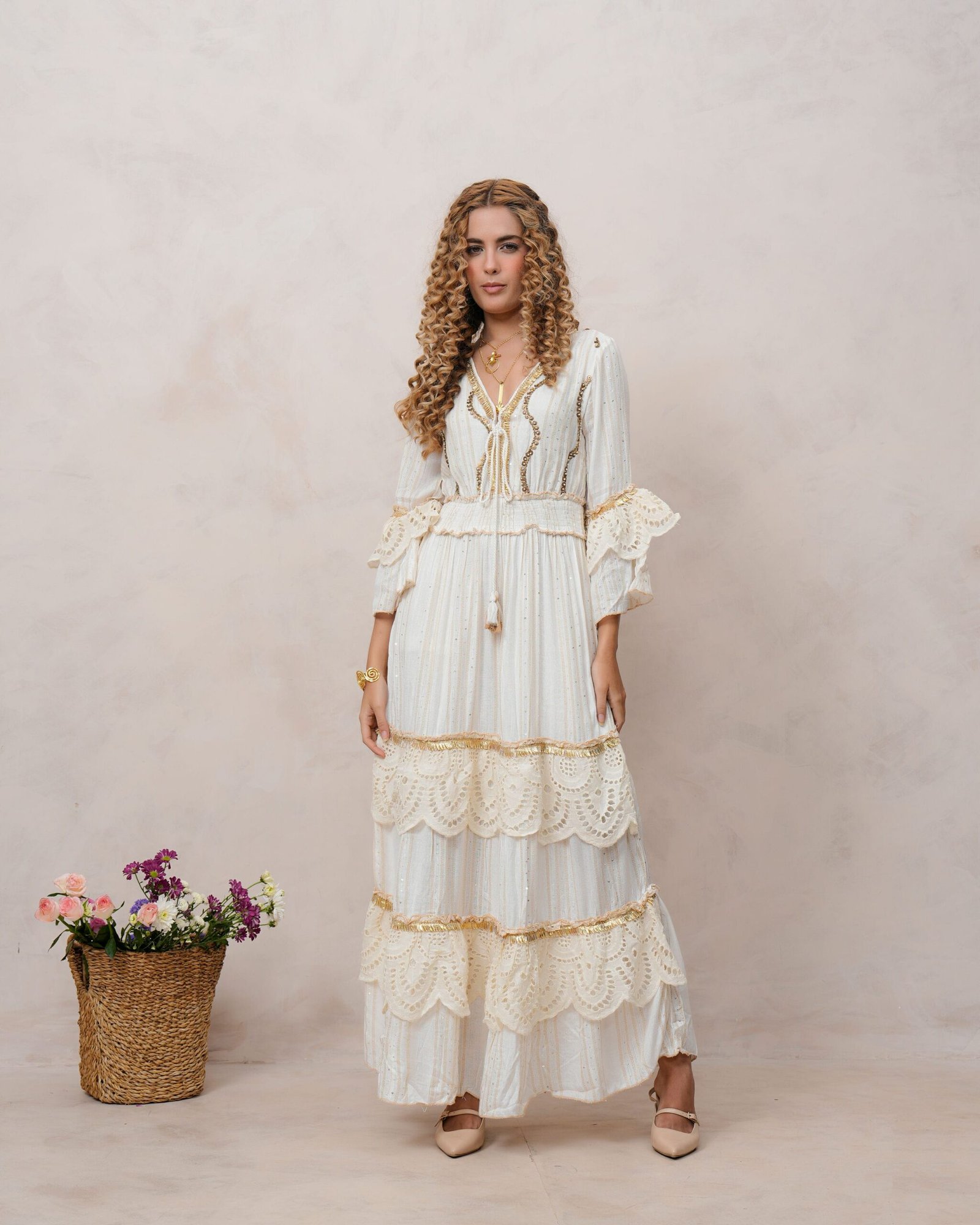 Women?s Off White Viscose Embroidered Maxi Dress with V-Neck