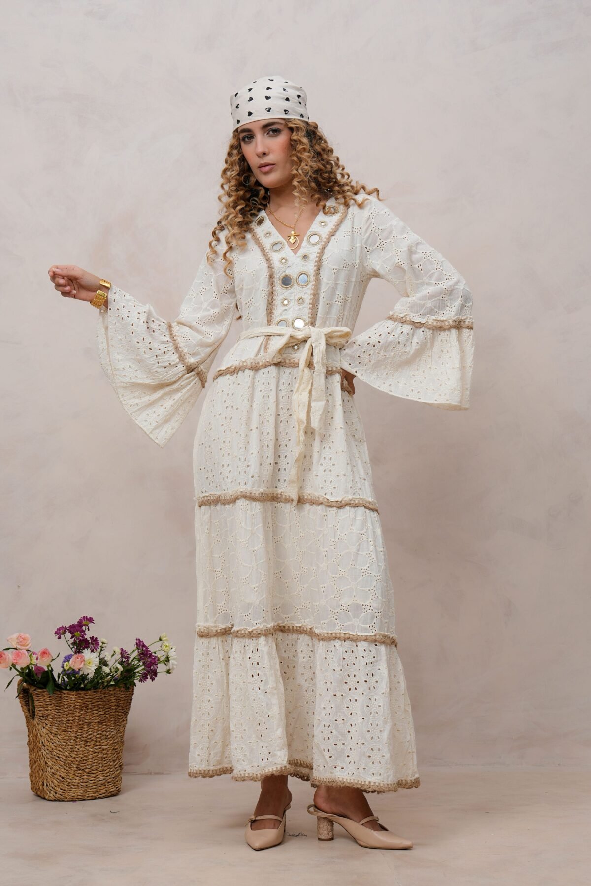 Women?s Off White Cotton Embroidered Maxi Dress