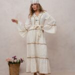 Women?s Off White Cotton Embroidered Maxi Dress