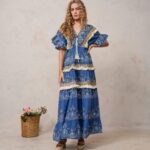 Women?s Dark Blue Cotton Embroidered Maxi Dress