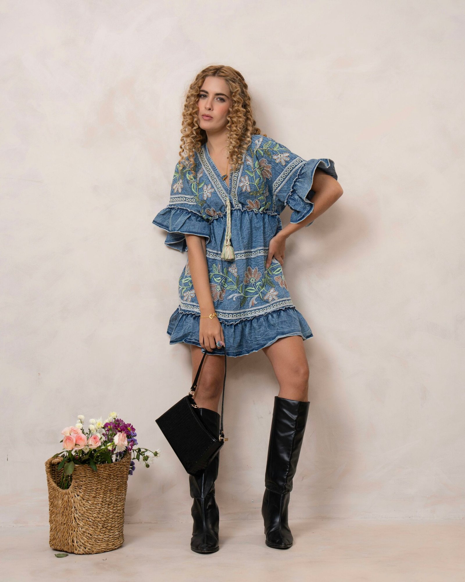 Women?s Blue Cotton Embroidered Midi Dress with V-Neck
